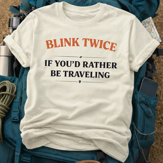 Blink Twice If You’d Rather Be Traveling Tee | Funny Wanderlust Graphic Shirt