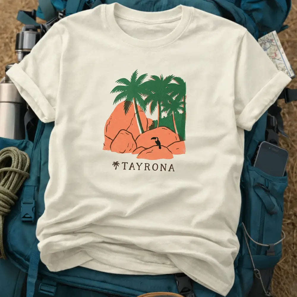 Tayrona Colombia T-Shirt – Retro Woodcut Beach Graphic Tee