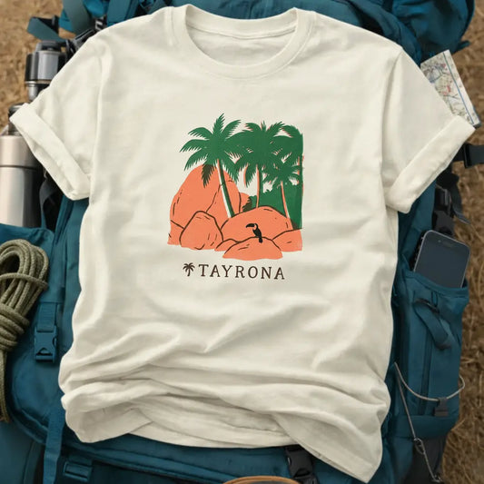 Tayrona Colombia T-Shirt – Retro Woodcut Beach Graphic Tee