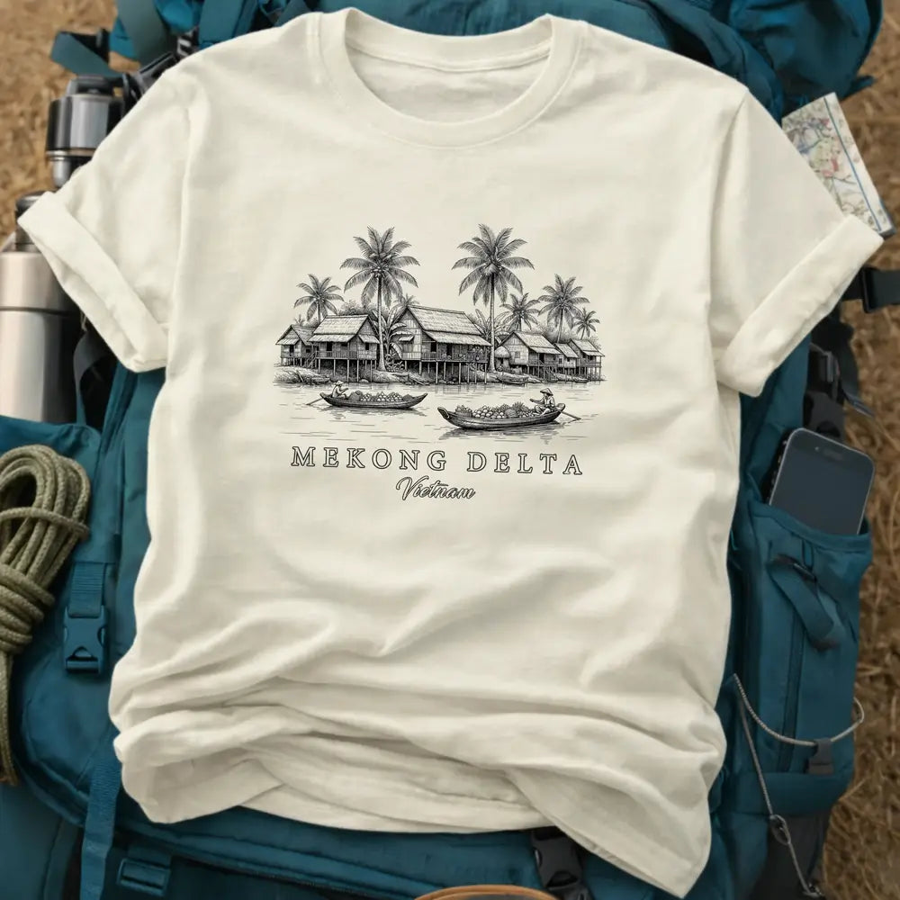 Mekong Delta Vietnam T-Shirt – Minimalist Stilt Village Line Art Graphic Tee