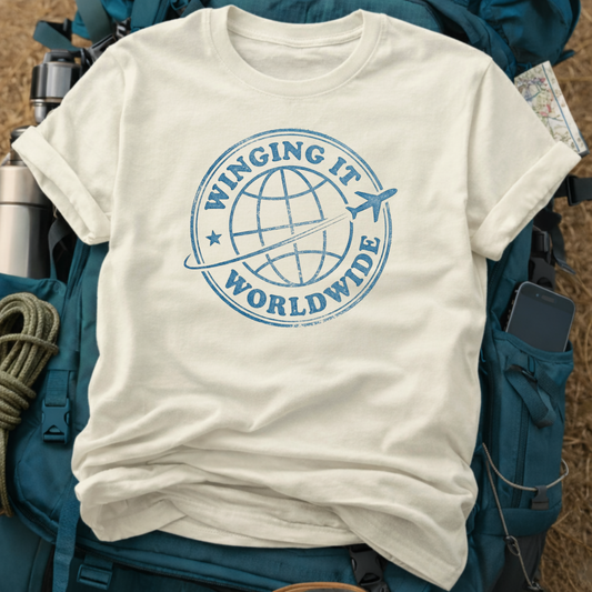 "Winging It Worldwide" Vintage Globe Graphic Tee - Retro Aviation Travel T-Shirt