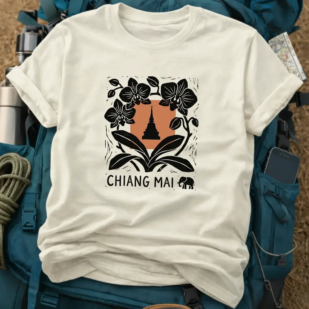 Chiang Mai Thailand T-Shirt – Retro Woodcut Orchid Graphic Tee