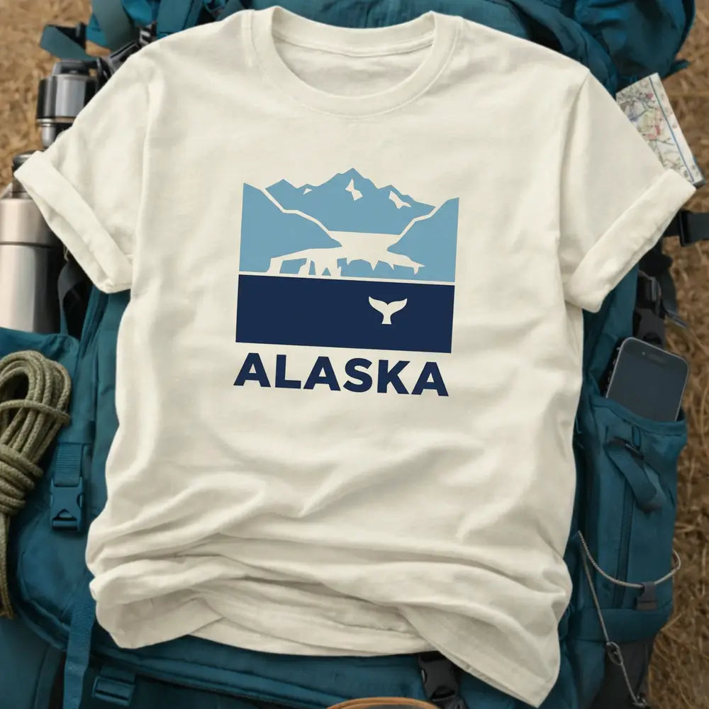 Alaska T-Shirt – Retro Geometric Whale Tail & Glacier Mountain Graphic Tee