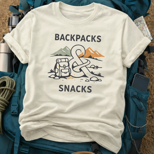 "Backpacks & Snacks" Retro Hiking Tee - Vintage Mountain Trail Graphic T-Shirt