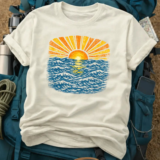 Impressionist Ocean Sunset T-Shirt - Van Gogh Style Sunburst & Sea Waves Graphic