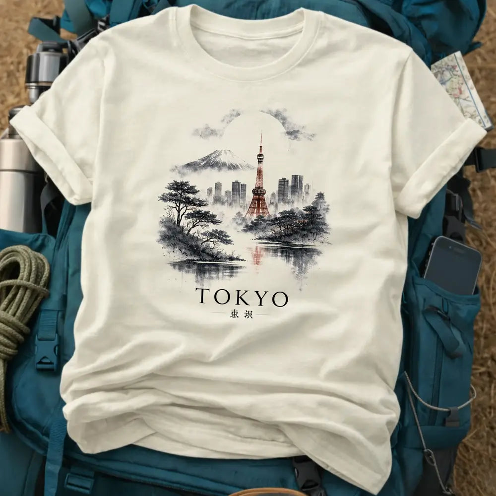 Tokyo Nightfall T-Shirt – Moody Watercolor Tower & Mount Fuji Tee