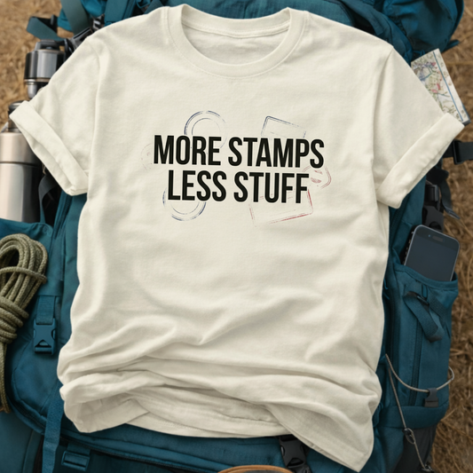 "More Stamps Less Stuff" Passport Graphic Tee - Minimalist Traveler & Backpacker Shirt