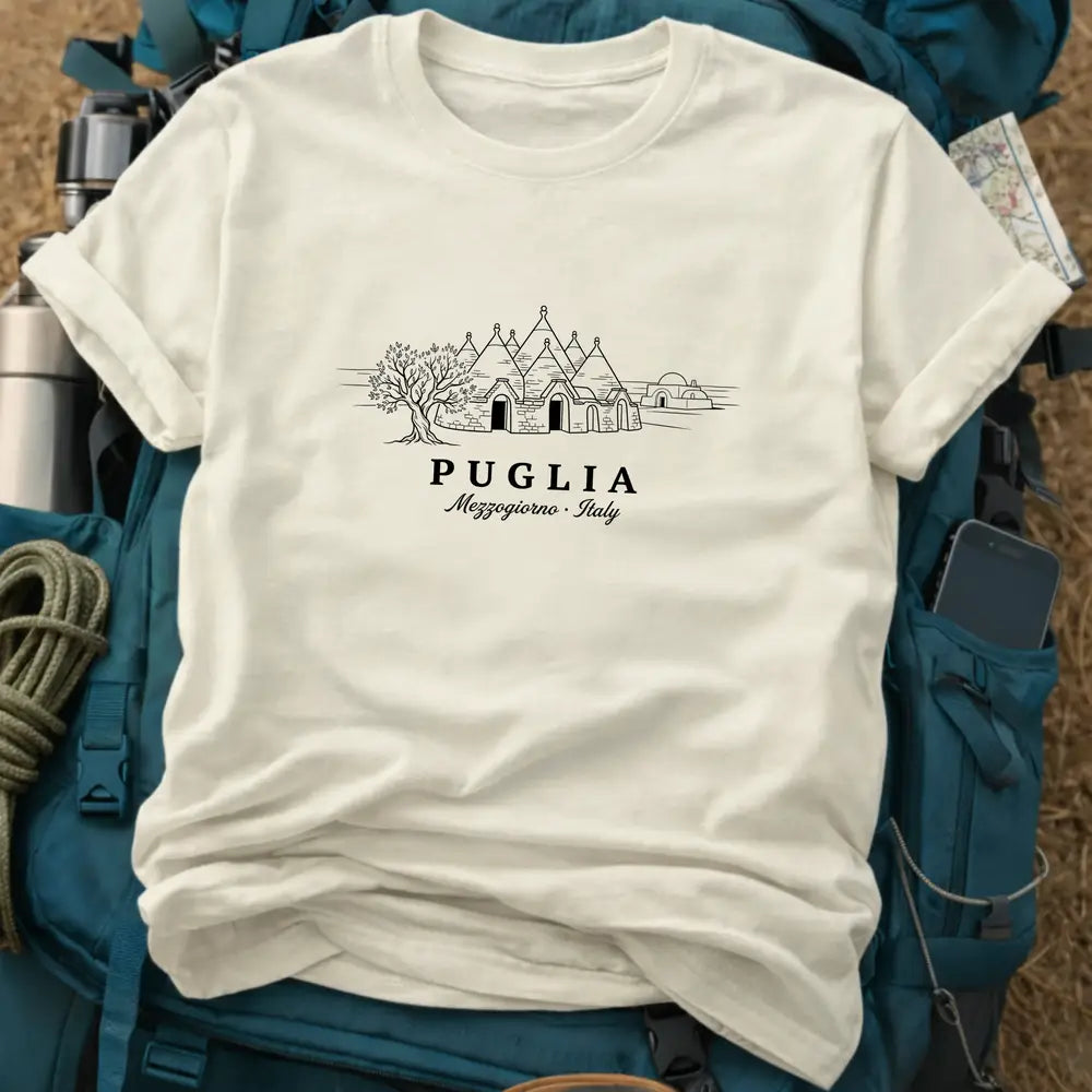 Puglia Italy T-Shirt – Retro Fine Line Trulli Houses Graphic Tee