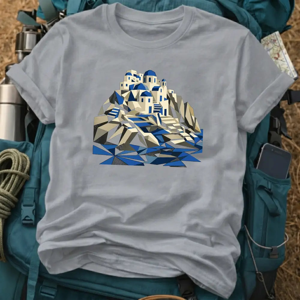Santorini Greece Cubist T-Shirt – Modern Art Aegean Sea Graphic Tee