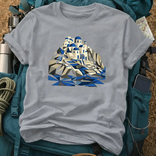 Santorini Greece Cubist T-Shirt – Modern Art Aegean Sea Graphic Tee
