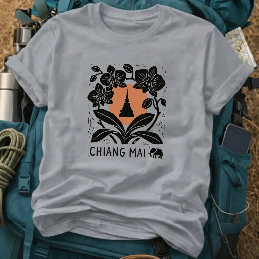 Chiang Mai Thailand T-Shirt – Retro Woodcut Orchid Graphic Tee