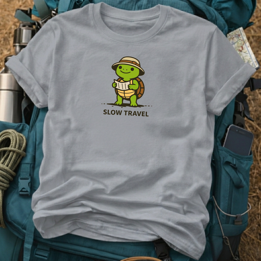 "Slow Travel" Tortoise Graphic Tee - Cute Explorer Turtle Vintage T-Shirt