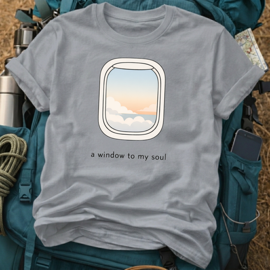 "A Window To My Soul" Airplane Window Graphic Tee - Dreamy Sunset Aviation Travel Shirt