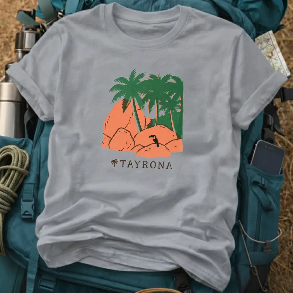 Tayrona Colombia T-Shirt – Retro Woodcut Beach Graphic Tee