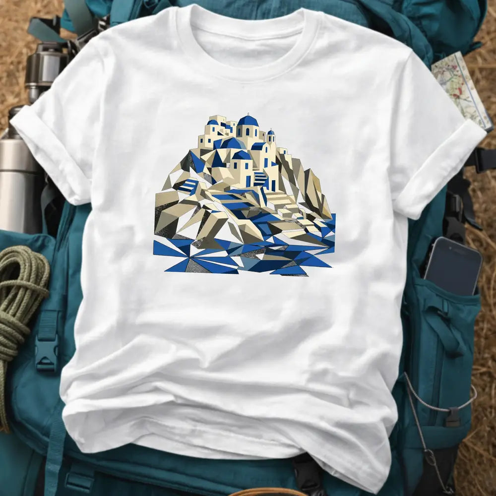 Santorini Greece Cubist T-Shirt – Modern Art Aegean Sea Graphic Tee