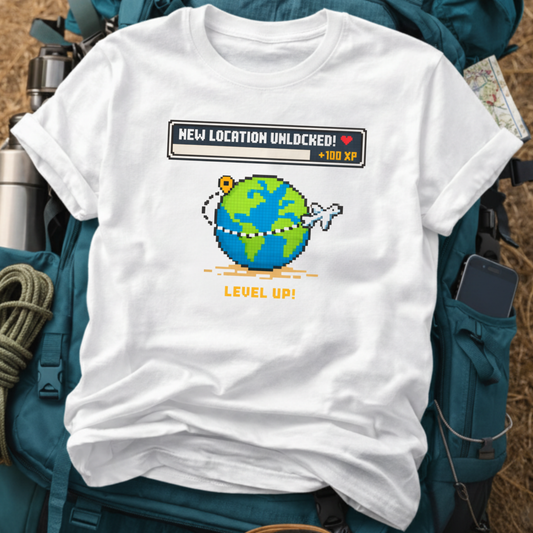 "New Location Unlocked" Pixel Art Tee - Retro Gaming Traveler Level Up Shirt