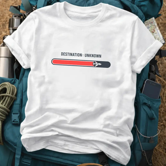 Destination Unknown T-Shirt – Minimalist Airplane Loading Bar Graphic Tee