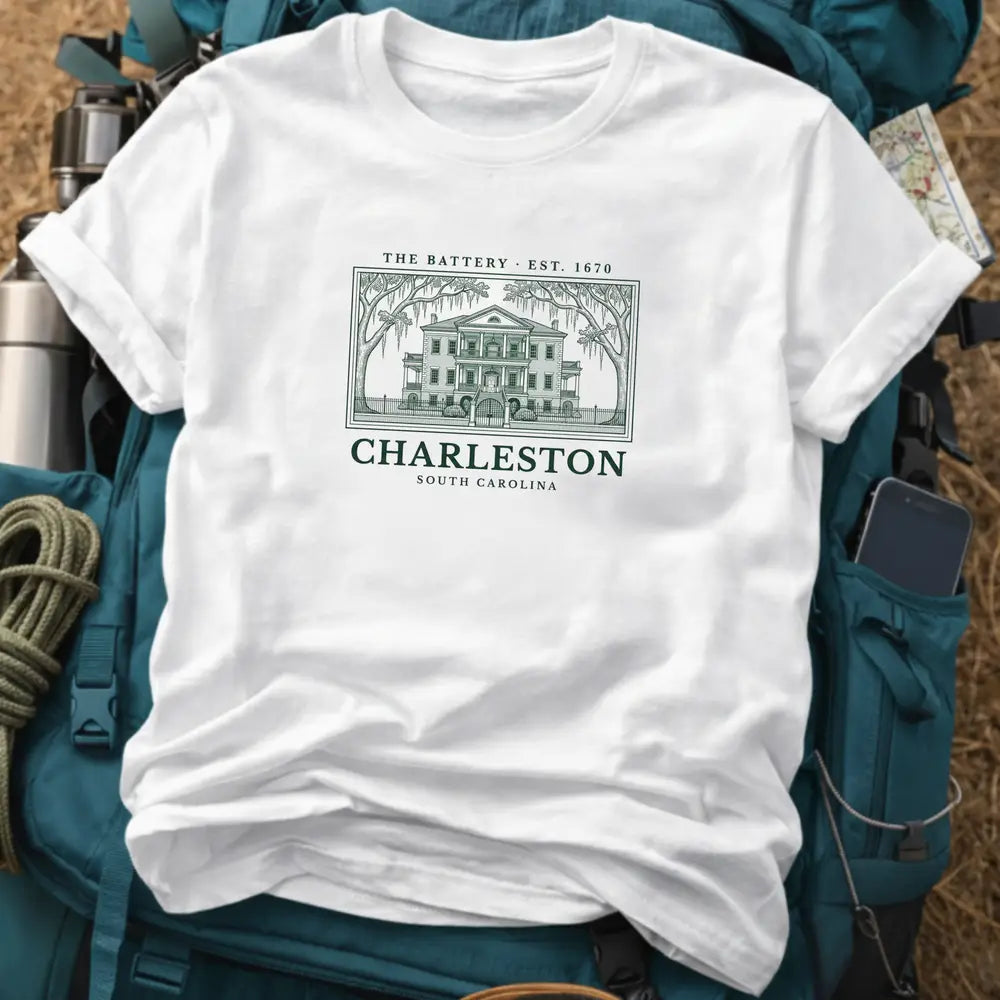 Charleston South Carolina T-Shirt – Retro Engraving Historic Mansion Graphic Tee