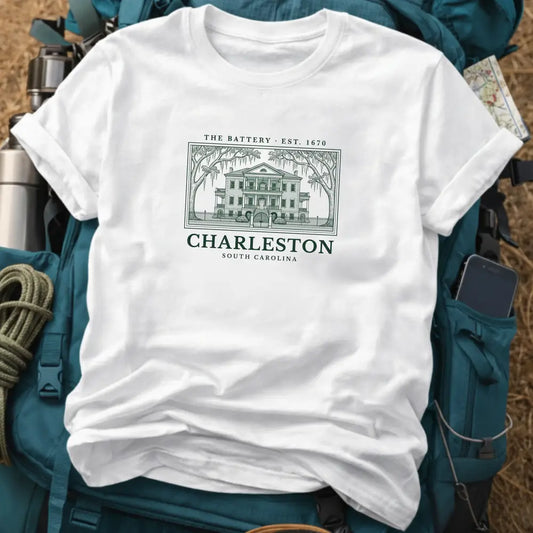 Charleston South Carolina T-Shirt – Retro Engraving Historic Mansion Graphic Tee