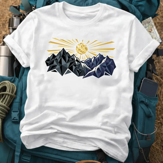 Geometric Sun & Cubist Mountain T-Shirt – Modern Abstract Alpine Graphic Tee