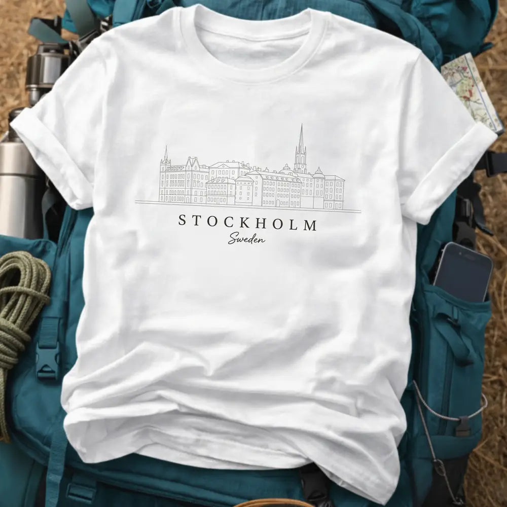 Stockholm Sweden T-Shirt – Retro Fine Line Gamla Stan Skyline Graphic Tee