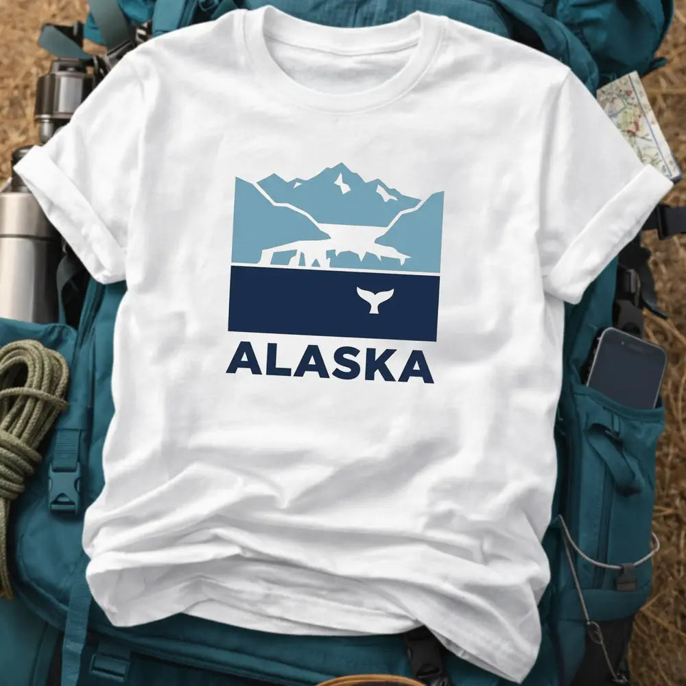 Alaska T-Shirt – Retro Geometric Whale Tail & Glacier Mountain Graphic Tee