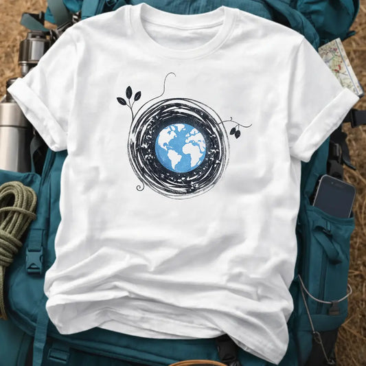 Swirl World T-Shirt – Hand-Drawn Earth & Vine Graphic Tee