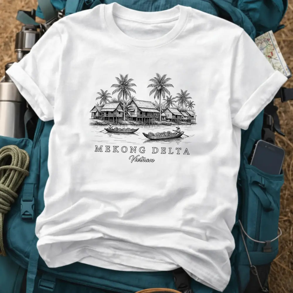 Mekong Delta Vietnam T-Shirt – Minimalist Stilt Village Line Art Graphic Tee