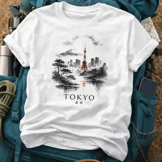Tokyo Nightfall T-Shirt – Moody Watercolor Tower & Mount Fuji Tee