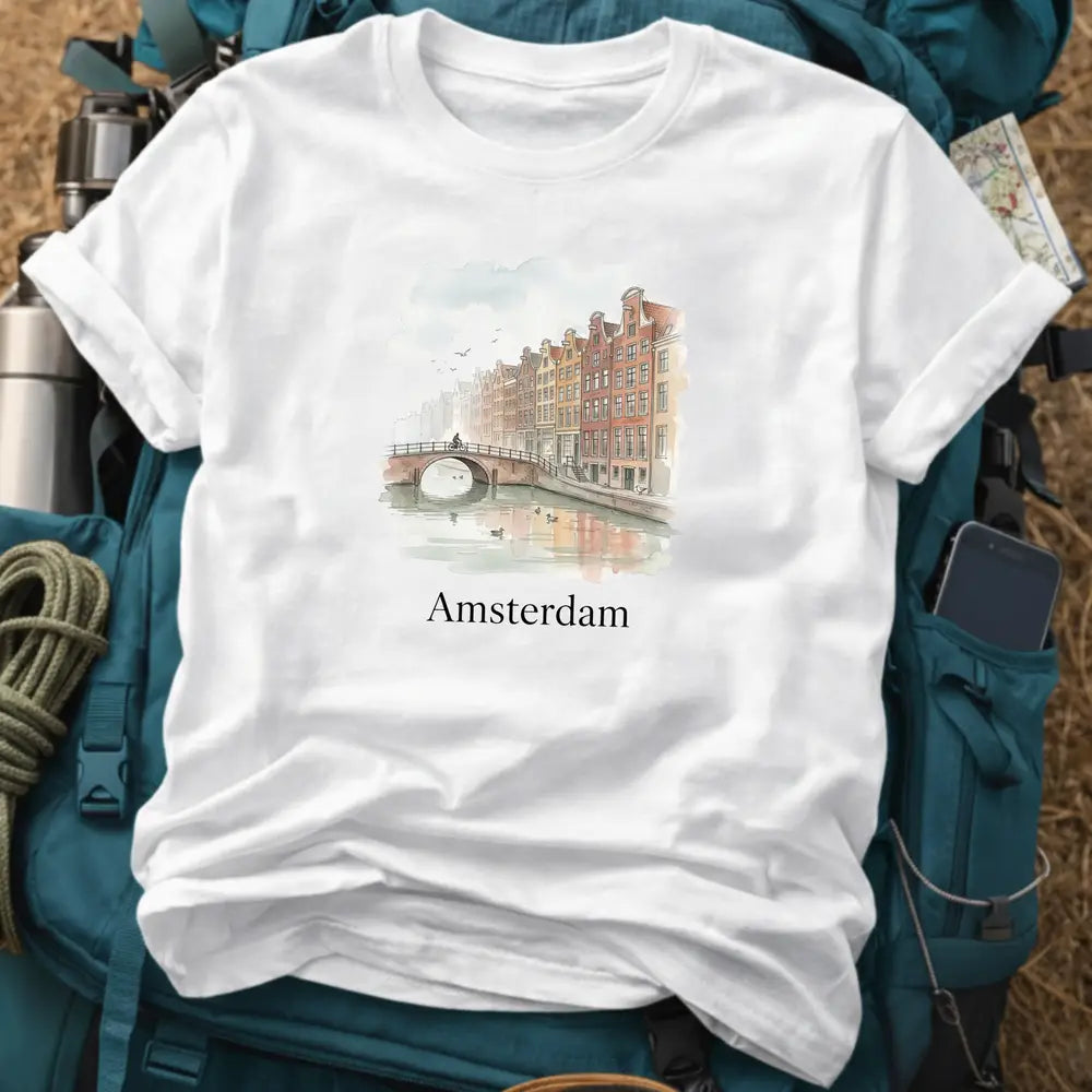 Amsterdam Netherlands T-Shirt – Retro Watercolor Canal Houses Graphic Tee