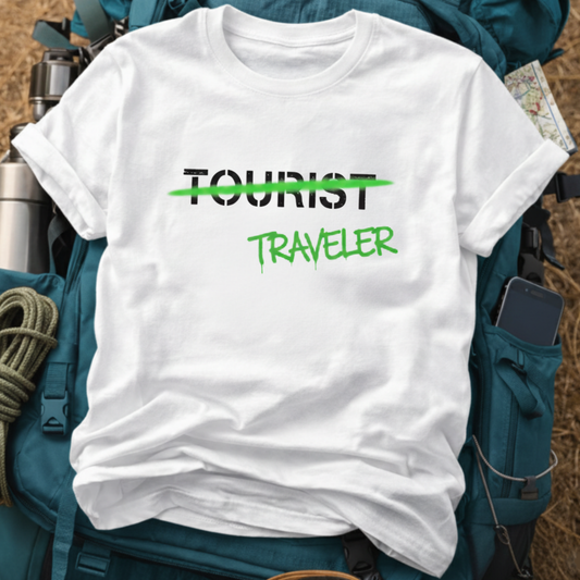 Traveler Not a Tourist T-Shirt - Graffiti Style Adventure Graphic Tee