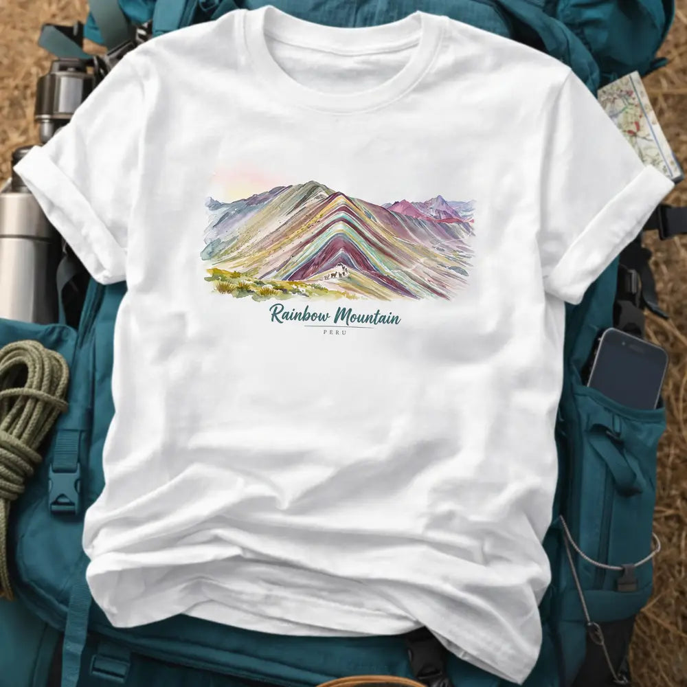 Rainbow Mountain Peru T-Shirt – Retro Watercolor Landscape Graphic Tee