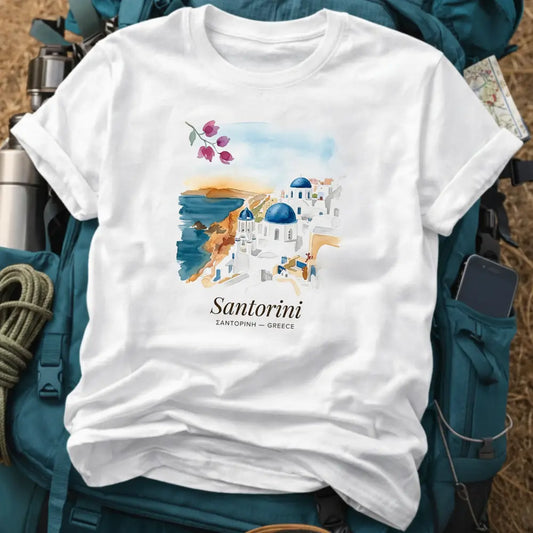 Santorini Greece T-Shirt – Vintage Watercolor Oia Village Graphic Tee