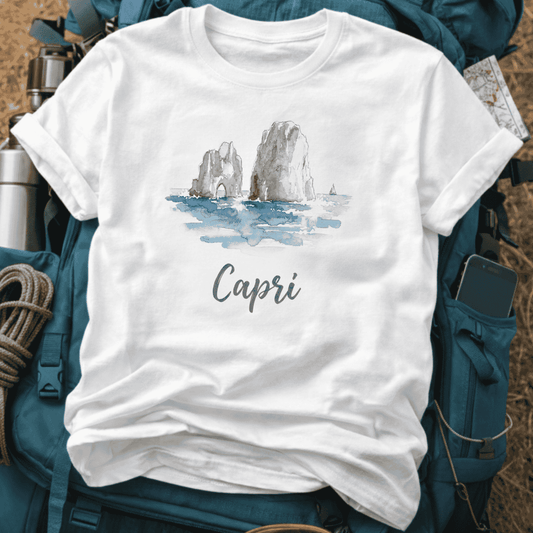 Capri Italy T-Shirt – Retro Watercolor Faraglioni Rocks Graphic Tee