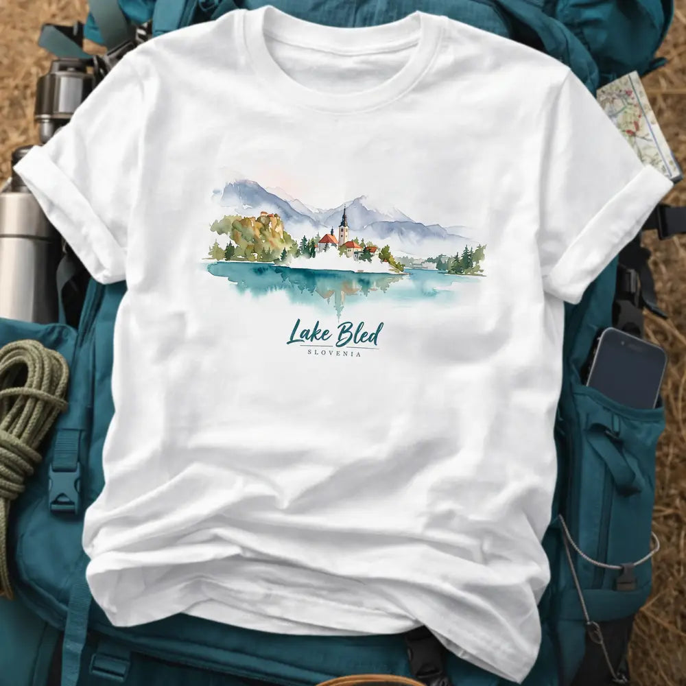 Lake Bled Slovenia T-Shirt – Retro Watercolor Landscape Graphic Tee