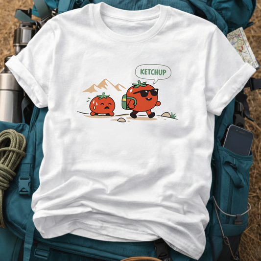 Ketchup! Funny Hiking Tomato - Punny Adventure Graphic T-Shirt