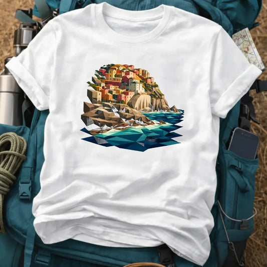 Cinque Terre Italy T-Shirt – Geometric Mosaic Coastline Graphic Tee