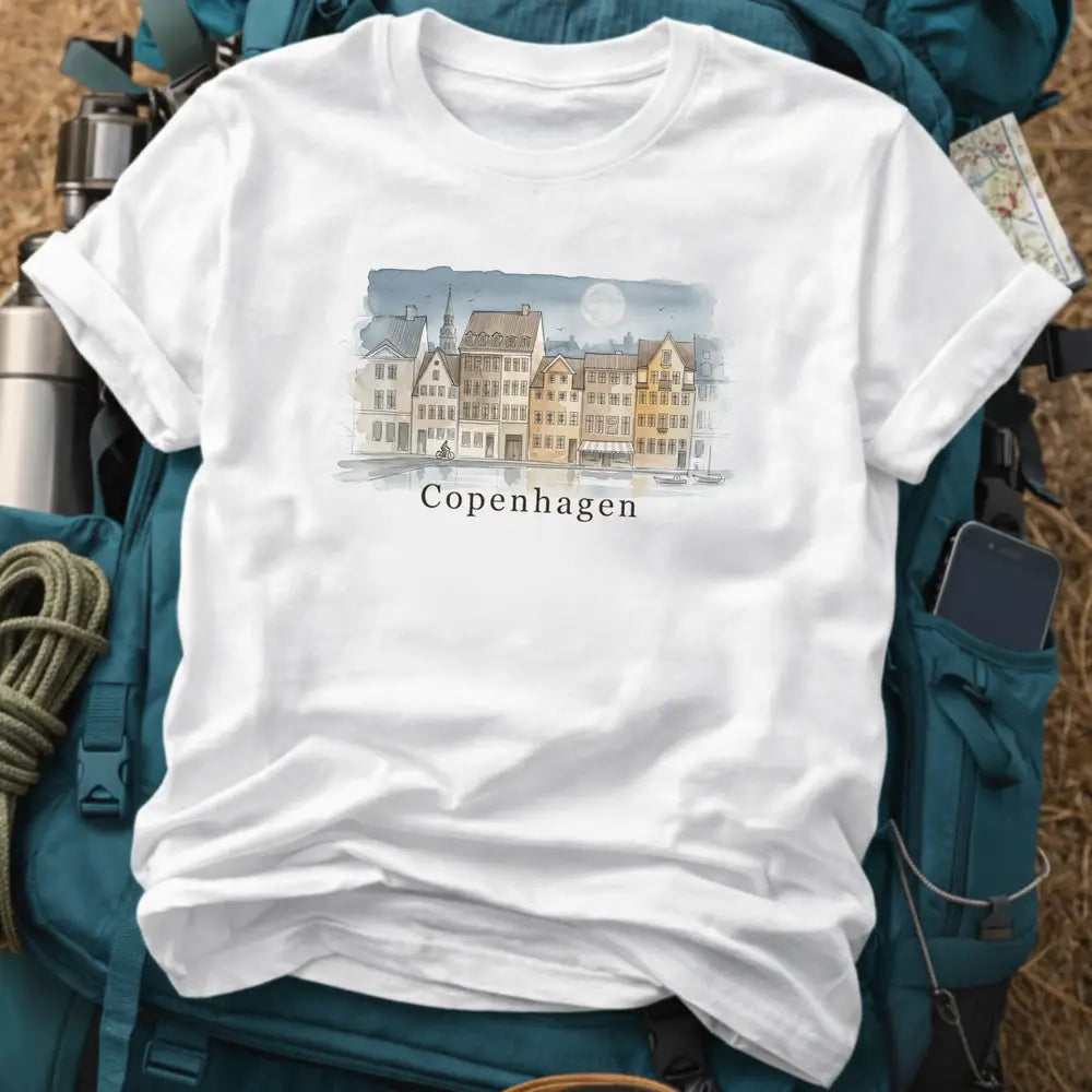 Copenhagen Denmark T-Shirt – Retro Watercolor Nyhavn Harbor Graphic Tee