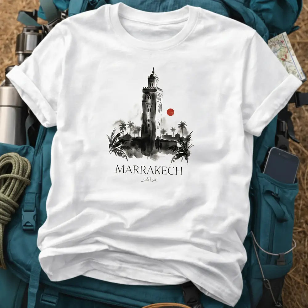 Marrakech Morocco T-Shirt – Retro Watercolor Koutoubia Mosque Graphic Tee