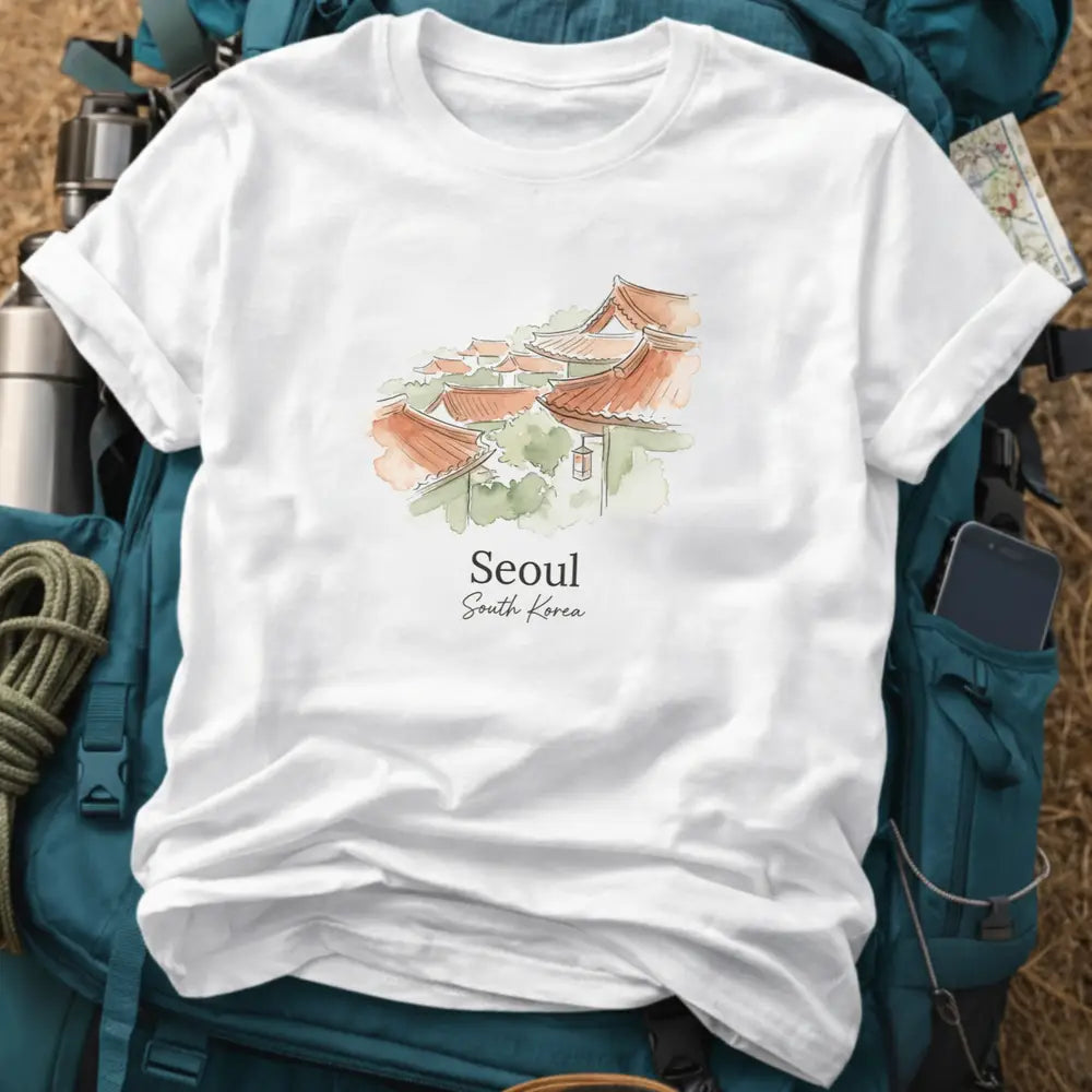Seoul South Korea T-Shirt – Retro Watercolor Hanok Village Graphic Tee