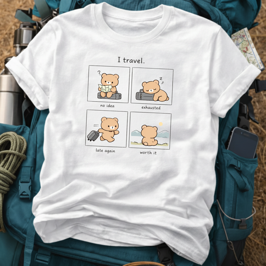 Cute Bear Travel Struggle Graphic T-Shirt - Relatable Wanderlust Aesthetic Tee