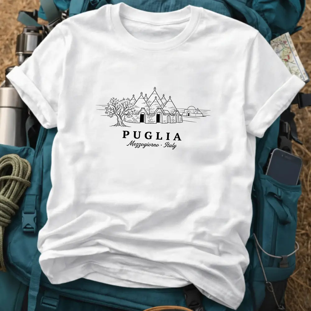 Puglia Italy T-Shirt – Retro Fine Line Trulli Houses Graphic Tee
