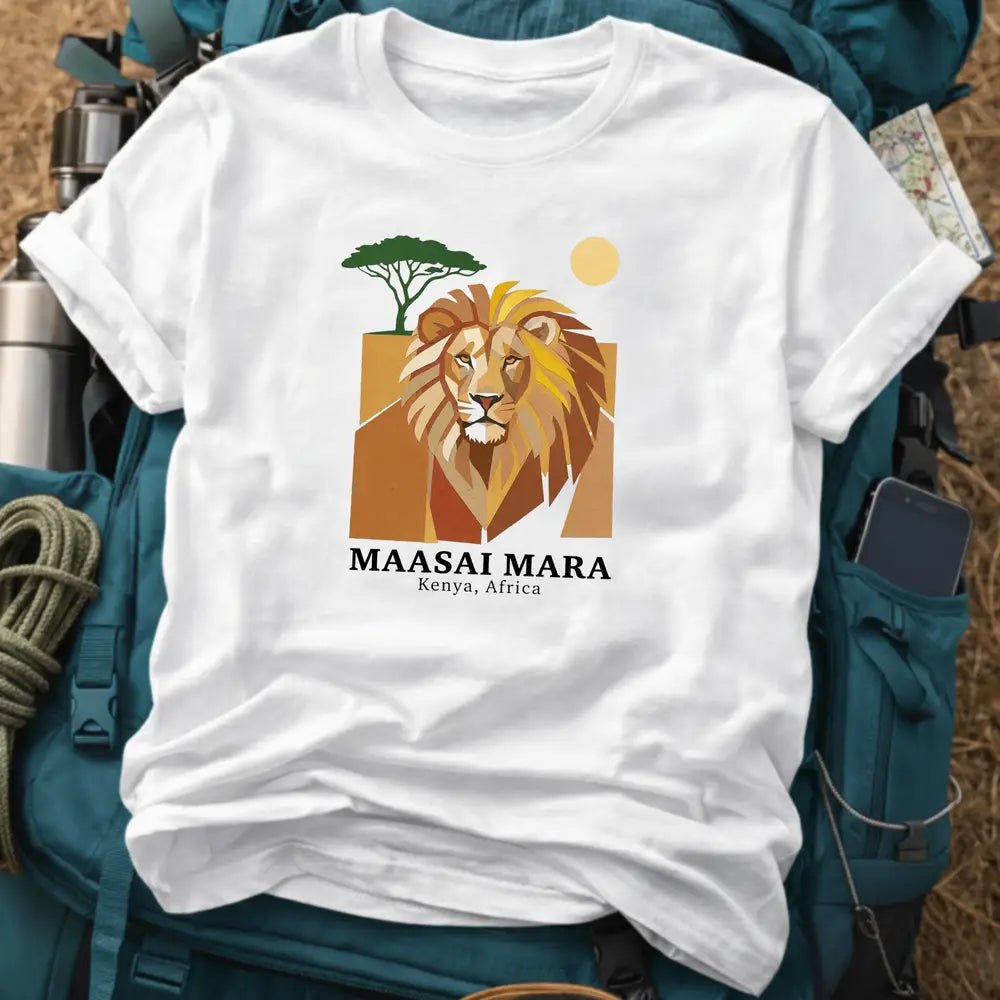 Maasai Mara Kenya T-Shirt – Retro Geometric Lion Graphic Tee