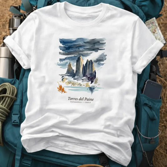 Patagonia Chile T-Shirt – Vintage Torres del Paine Watercolor Graphic Tee